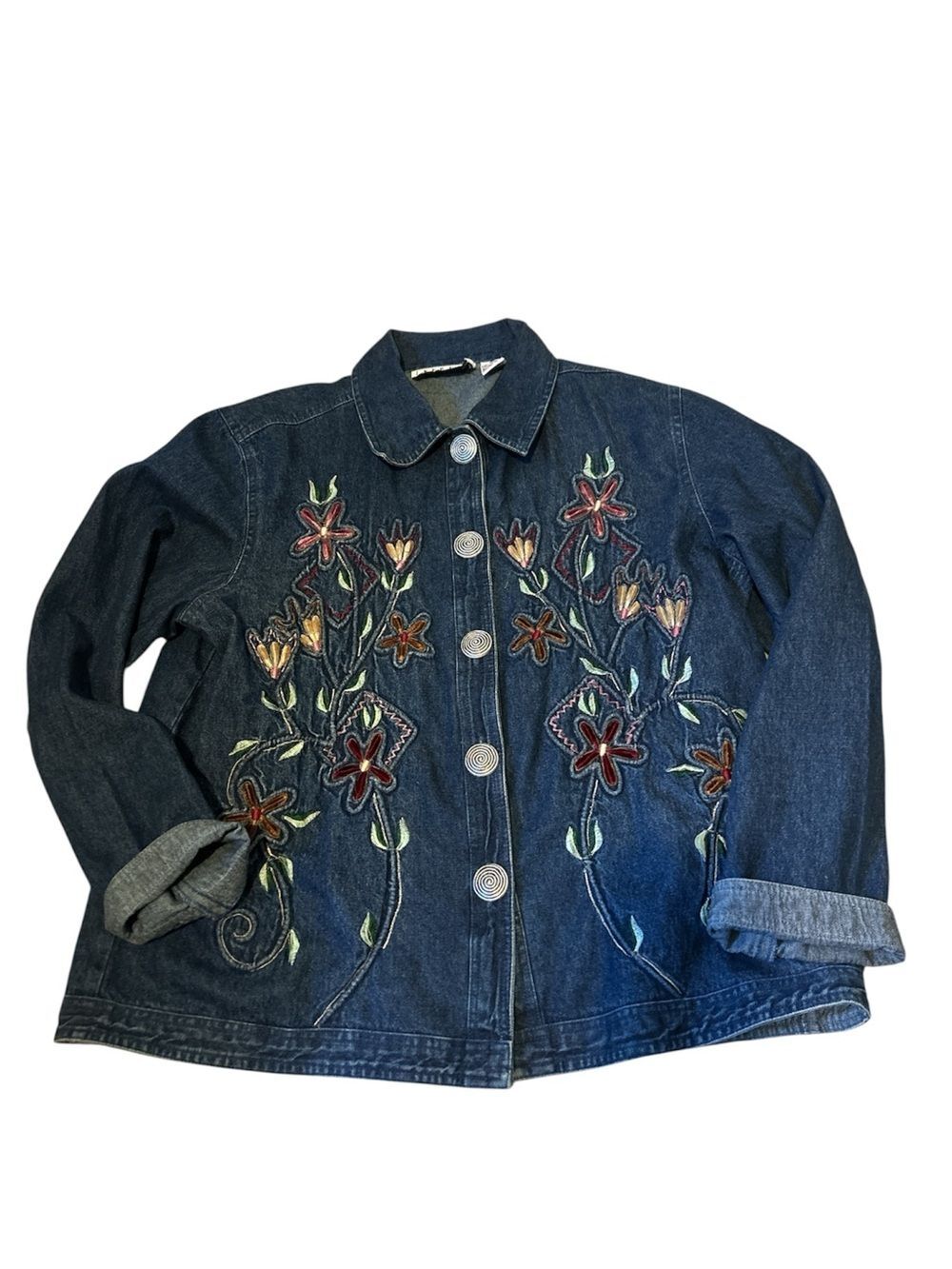 Vtg Keren Hart Floral Embroidered Boho Hippie 90’s Jean Jacket Shacket Large